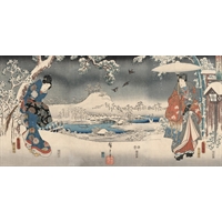 Stampa Giapponese - Hiroshige, Paesaggio innevato con un uomo e una donna